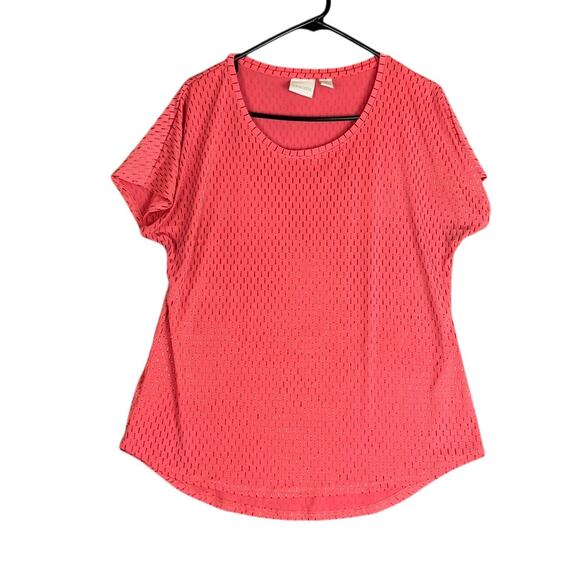 Chicos Women Blouse Coral Gold Beaded Short Sleeve Round Neck Stretch 1 (M) - Picture 1 of 12